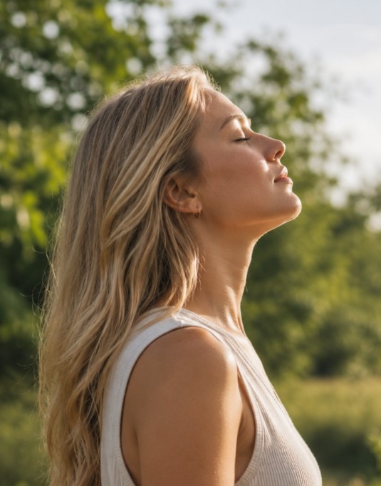 Serene woman with eyes closed, face tilted toward the sun in a lush green natural setting