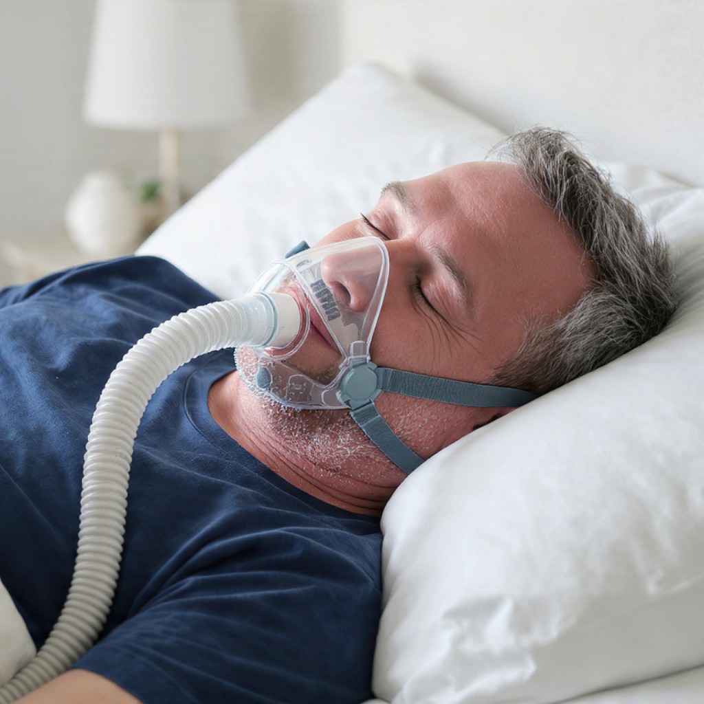 Man sleeping with a CPAP mask for respiratory care