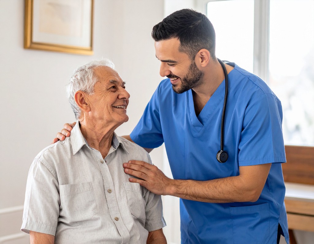 Healthcare professional supporting an older patient during a consultation