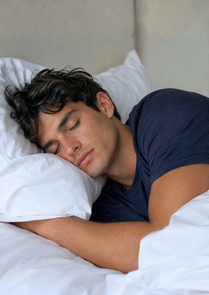 Man sleeping peacefully in bed, representing restorative rest