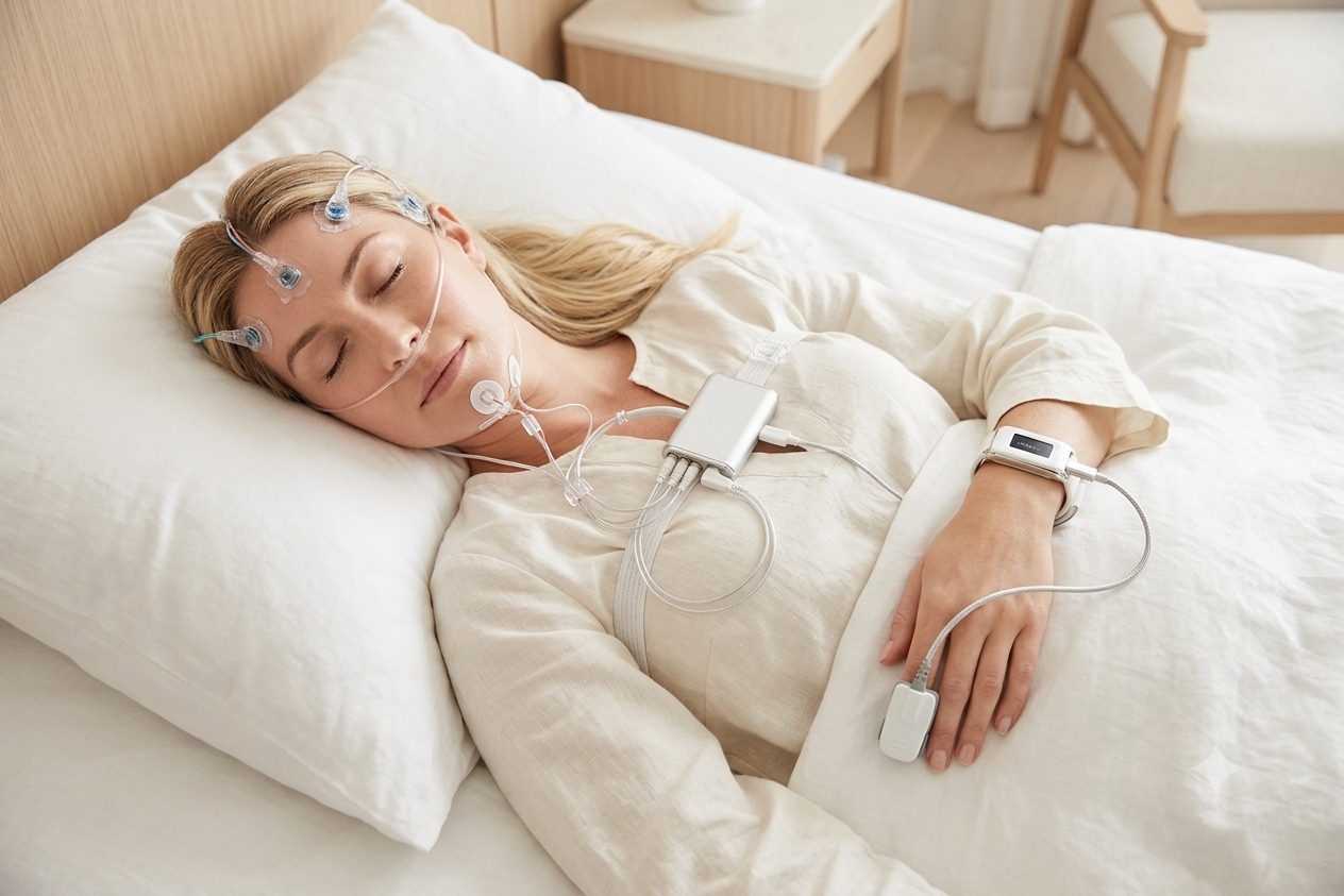 Patient undergoing a home sleep study assessment in bed